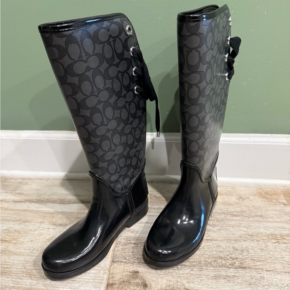 Coach Black and Gray Patterned Rain Boots